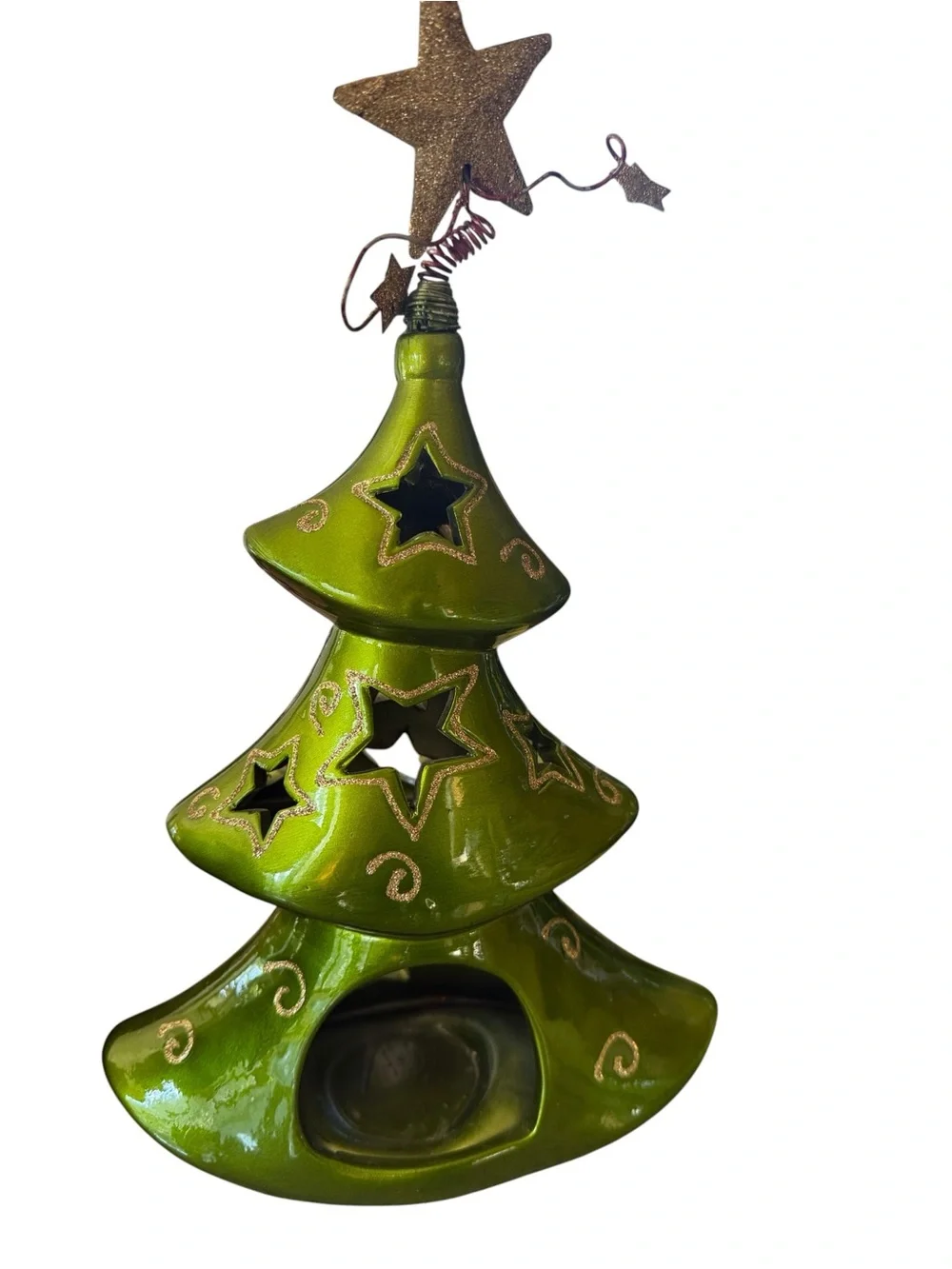 Pier 1 Imports Christmas Tree Tea Light Candle Holder Green Ceramic Gold Stars
